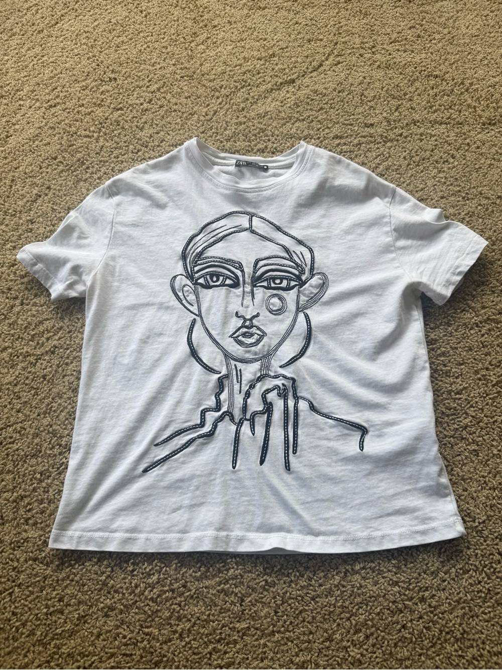 White Graphic Face Tee with Black Outline Art